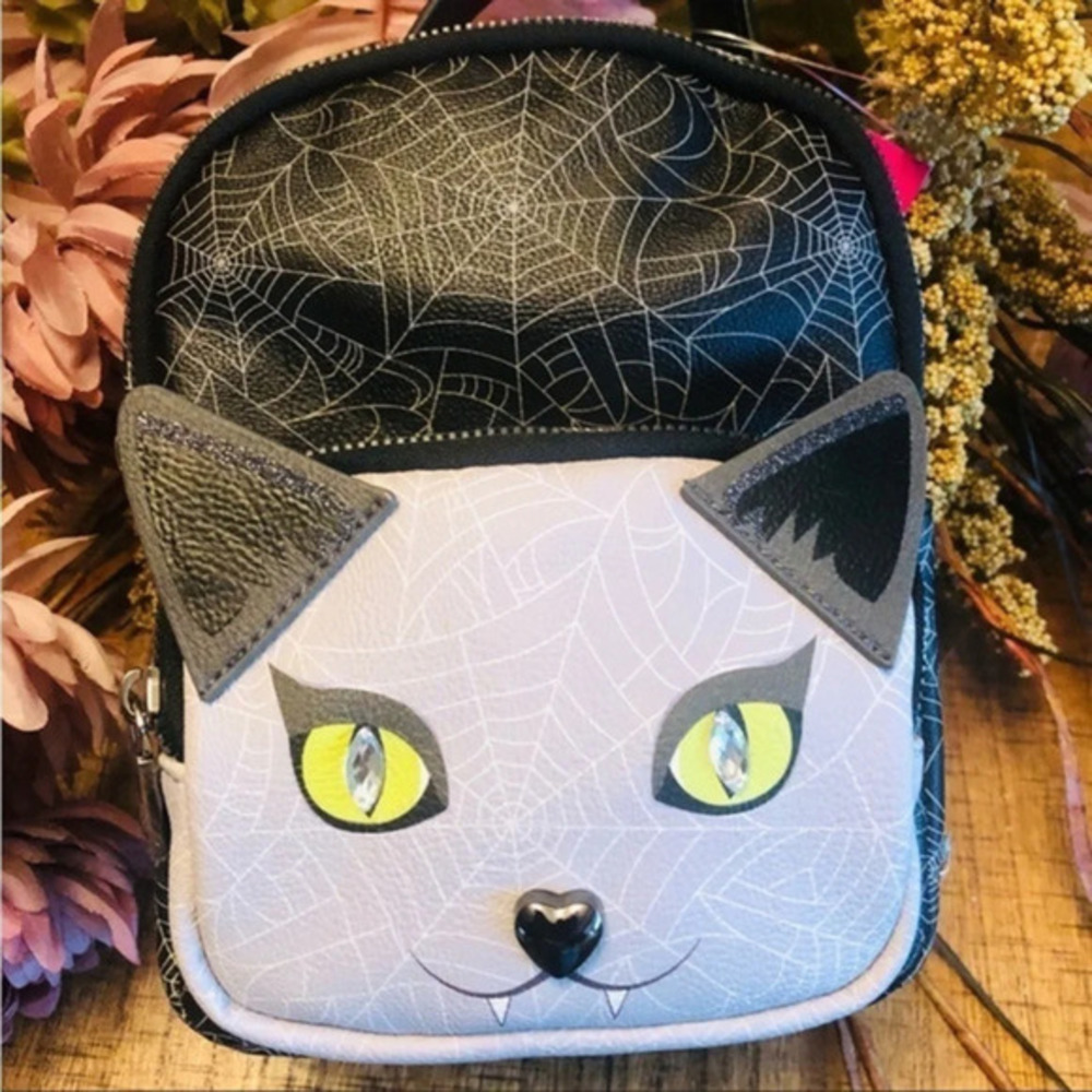 Betsey Johnson Kitsch Vampire Cat Halloween Mini Backpack • Rhinestone Details •